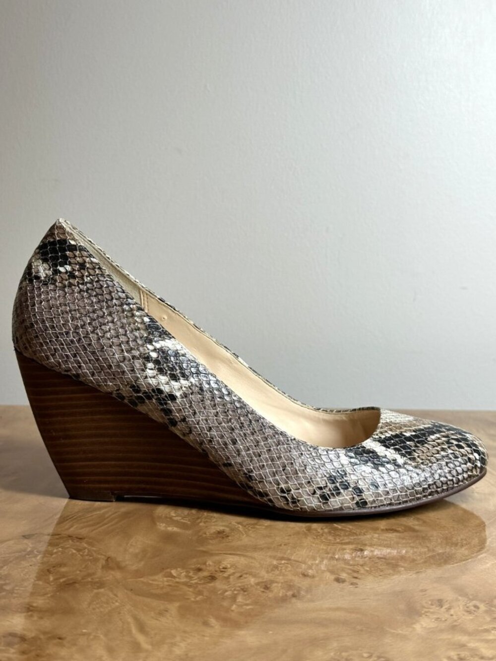 NEW Cole Haan Taupe Snake Print Leather Wedge Pumps Women's Size 9B
